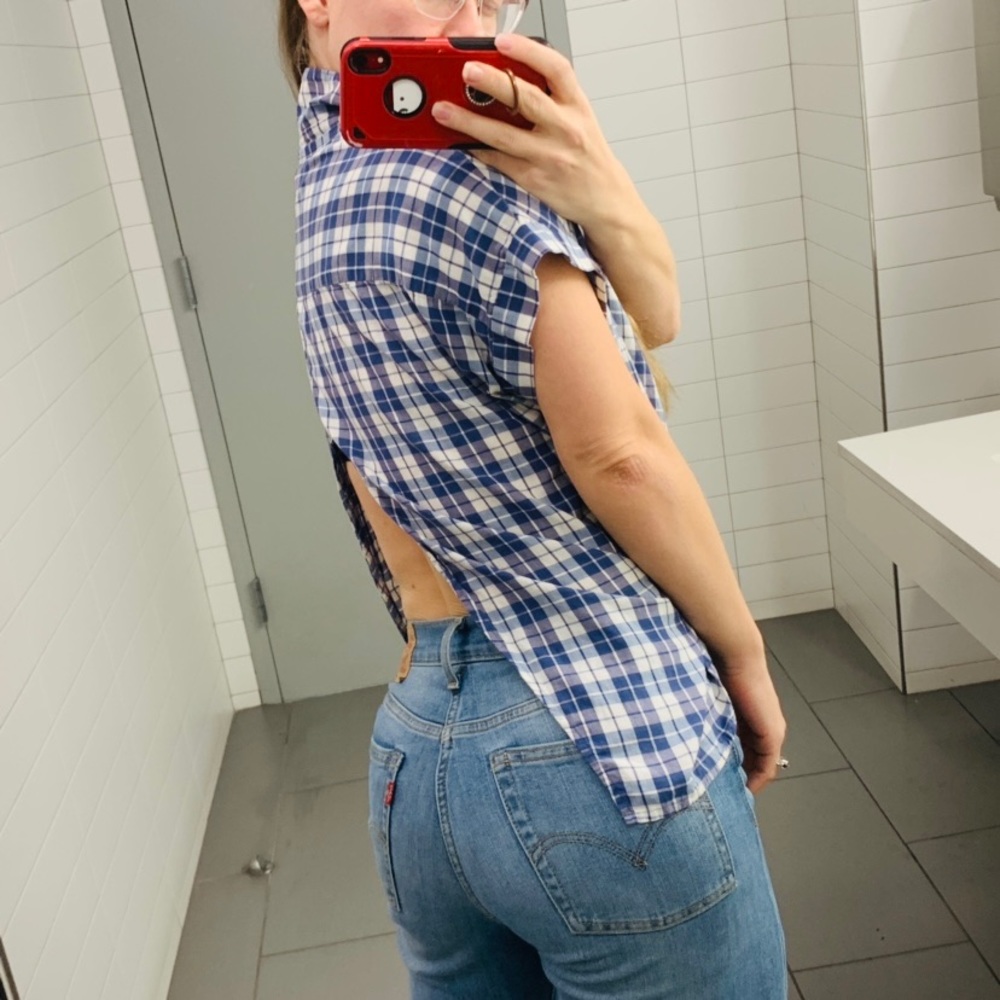 Madewell plaid open back baggy shoulder denim top - Picture 2 of 8